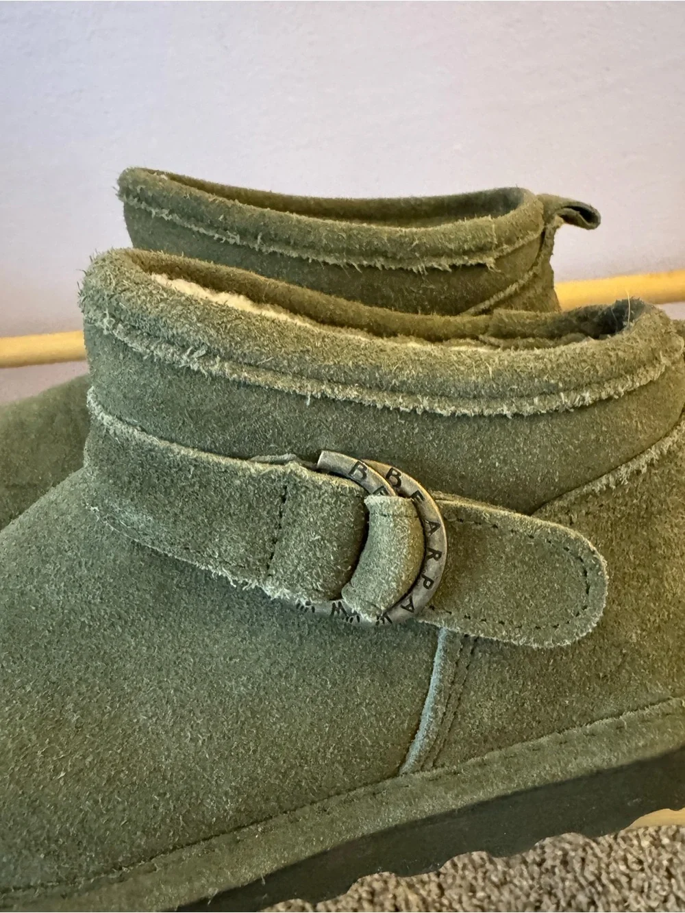 BearPaw Olive Suede Shearling Ankle Boots with Buckle Accent